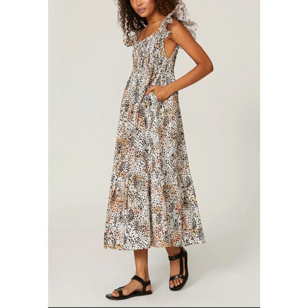 SEA NY Lana Midi Sundress Animal Print Tiered Flutter Sleeve Small Boho Cottage